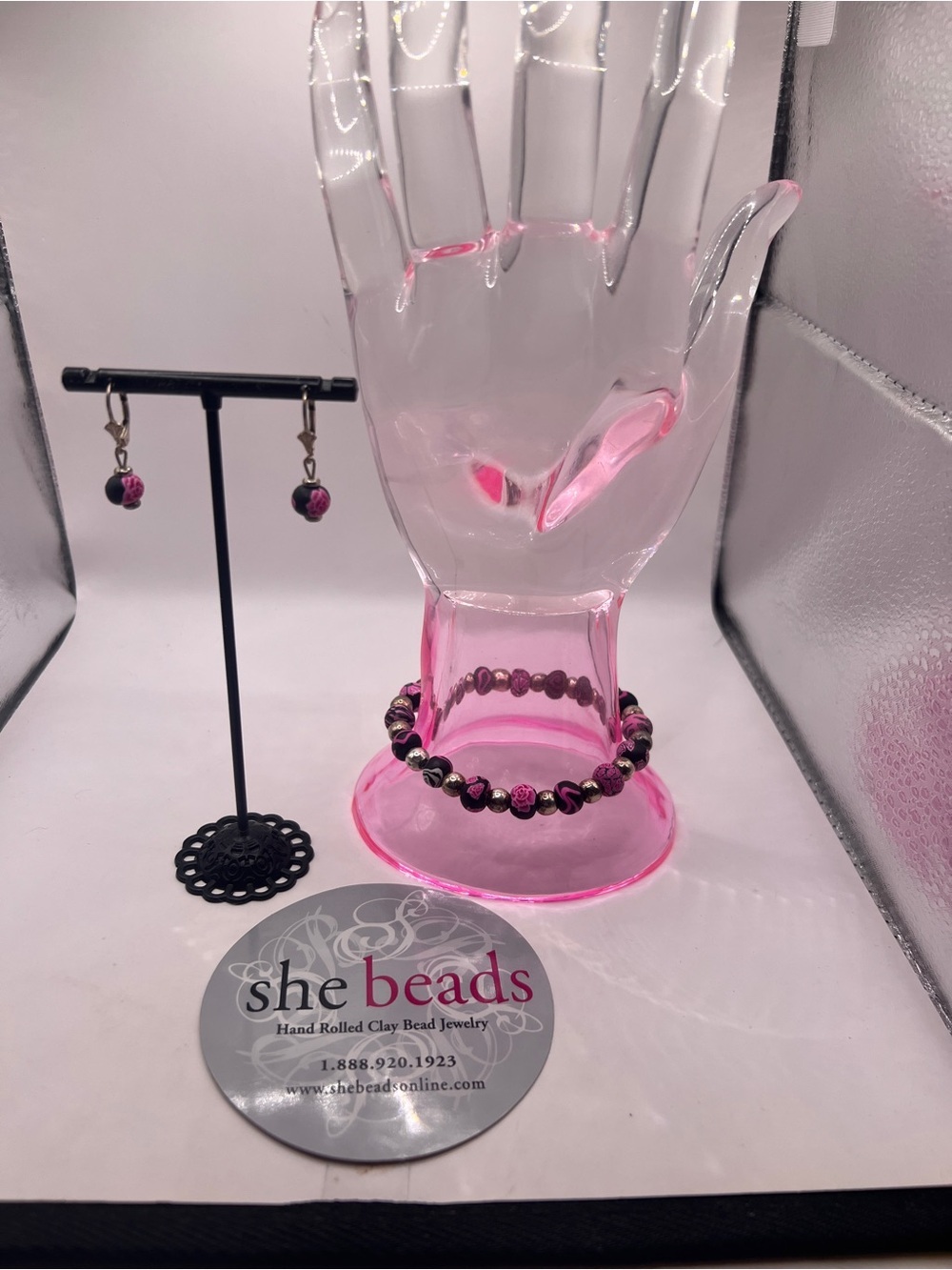 She Beads hand rolled Clay Bead bracelet and earrings set Breast Cancer Awarenes